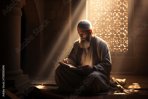 A Muslim reciting Quran at masjid at evening view © ArtistUsman