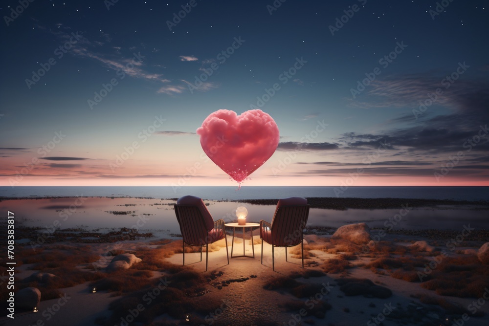 Romantic dinner table with two chairs on a beach - obrazy, fototapety, plakaty 