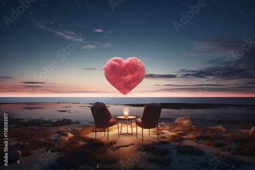 Romantic dinner table with two chairs on a beach photo