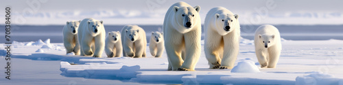 Polar bears trekking in a row across the Arctic ice, their powerful strides adapted to the frozen terrain