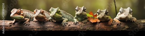 A row of chameleons blending seamlessly into their surroundings   showcasing natures camouflage