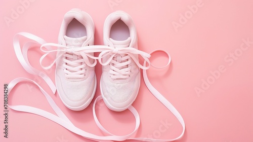 Elevate your fitness routine with these stylish white sneakers and pink resistance bands, creatively arranged on an isolated pastel pink background. Perfect for health and wellness concepts with ample