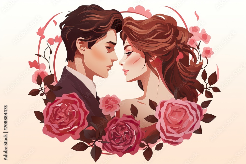 Romantic Illustration of Woman and Man with Roses and Heart