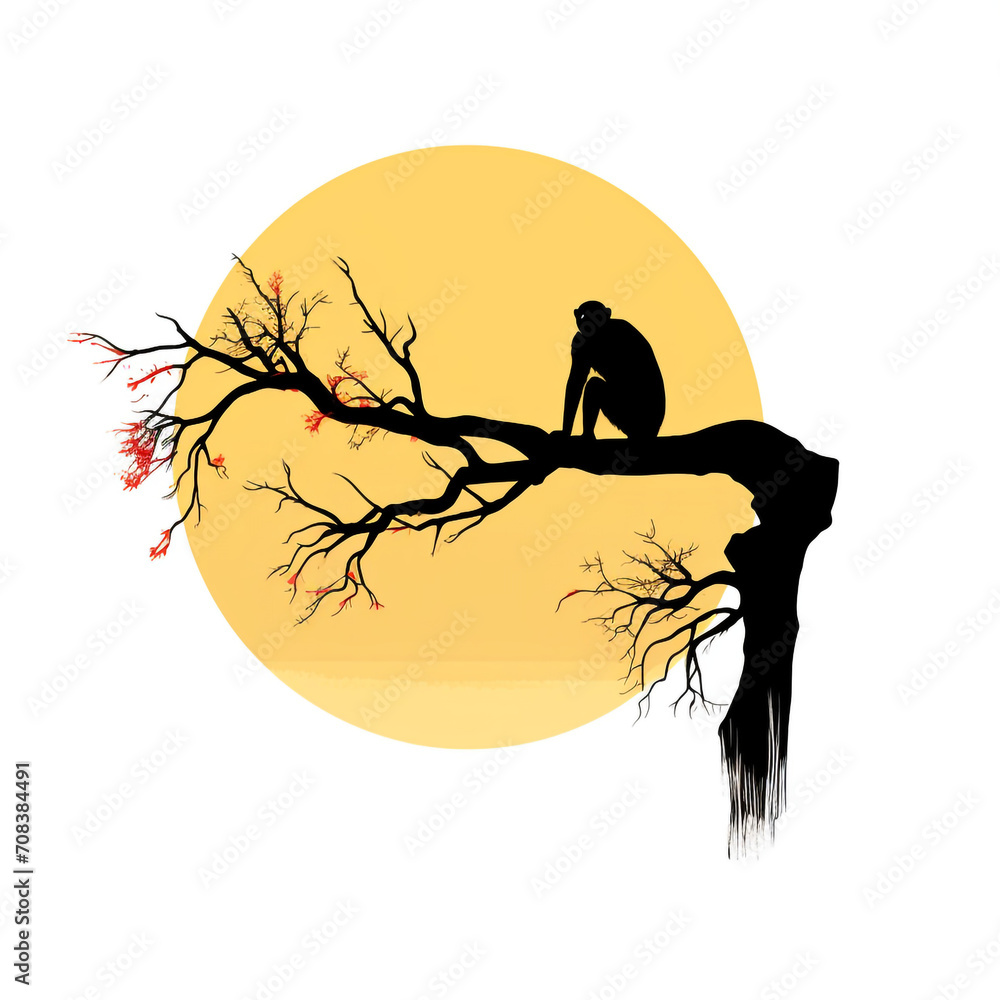 Monkey on the tree. Animals in the wild. Landscape during sunset. Kelingking beach, spider