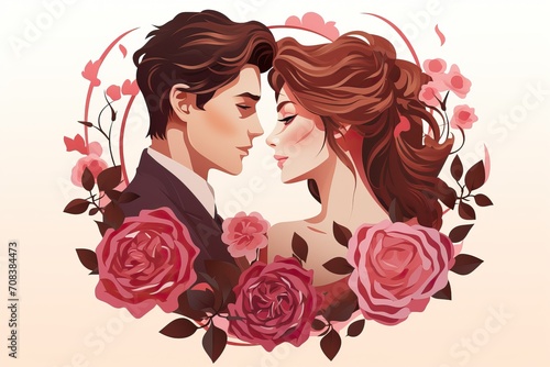 Romantic Illustration of Woman and Man with Roses and Heart