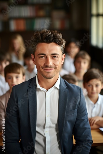 Confident male teacher with curly hair in classroom ofå°å­¦ç”Ÿ