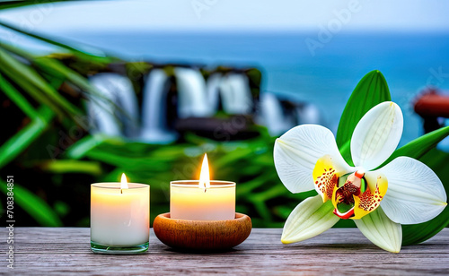 Spa fresh orchid flowers candle morning very bright light with ocean