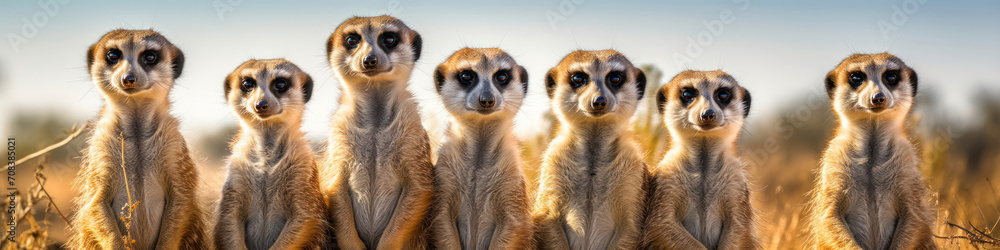 Meerkats standing tall in a row,  their vigilant postures enhancing their watchful nature - obrazy, fototapety, plakaty 