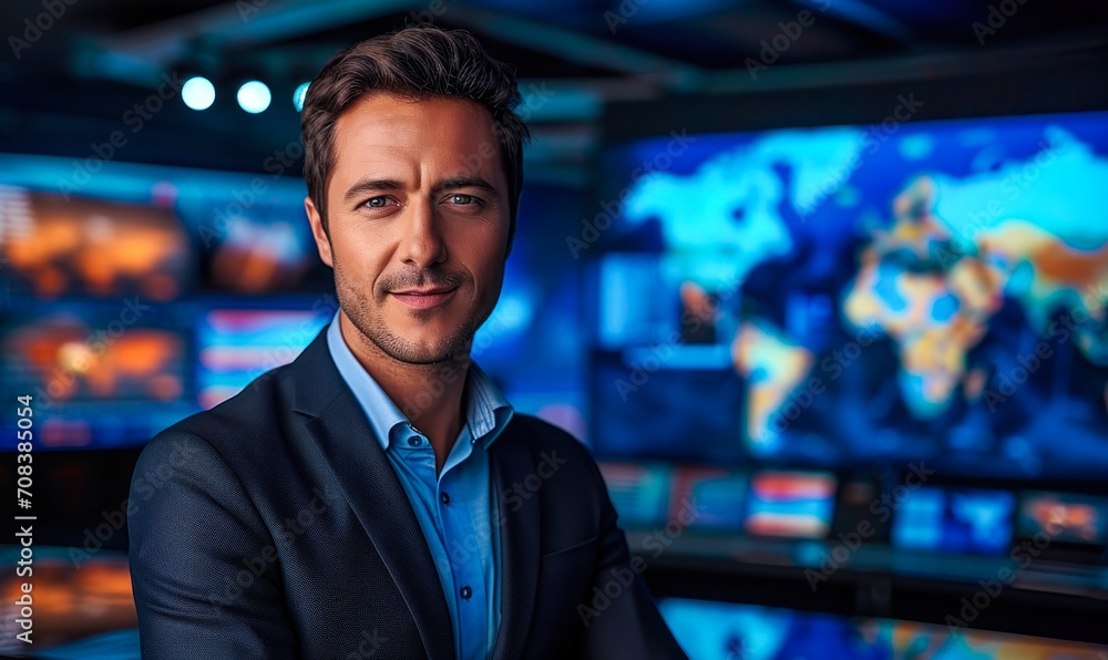 Confident male news anchor reporting live from the broadcasting studio with a world map background, representing global news coverage Confident male news anchor reporting live from the broadcasting studio with a world map background, representing global news coverage