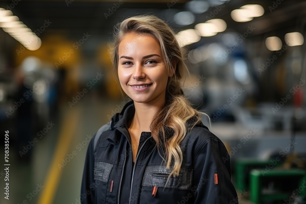 Portrait of a young female engineer smiling in a factory Portrait of a young female engineer smiling in a factory