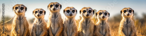 Meerkats standing tall in a row, their vigilant postures enhancing their watchful nature
