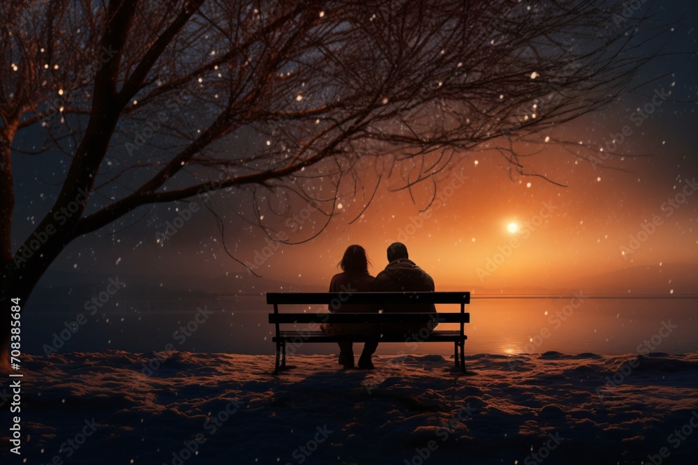A couple sitting outdoors on a bench and watching sunset - obrazy, fototapety, plakaty 