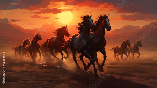 Experience the Majesty: A Stunning Herd of Horses Galloping in a Sun-Drenched Plain - Unleash the Beauty of Equine Freedom