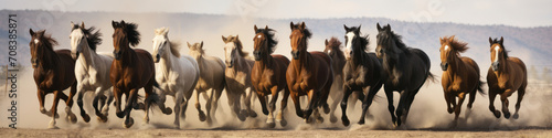 A parade of horses in perfect alignment   their powerful strides echoing the spirit of freedom