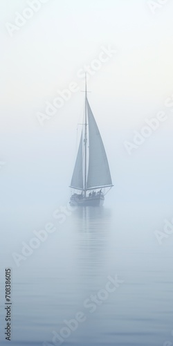 Foggy seascape with a silhouette of a sailboat