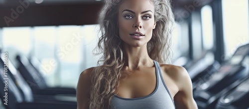 Authentic portrait of beautiful young woman cycling in the gym Portrait of beautiful woman working out at gym