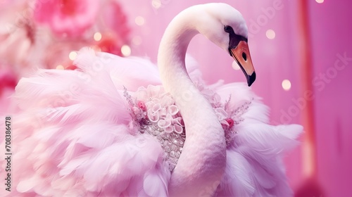 Creative animal concept. Swan bird in glam fashionable couture high end outfits isolated on bright background advertisement, copy space. birthday party invite invitation banner