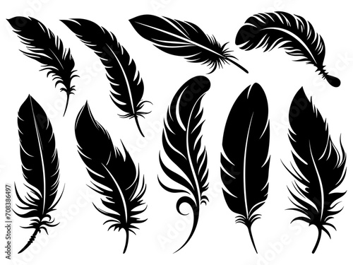 Set of detailed majestic feather collection. Bird Feather black silhouettes. Plumelet collection. Vector isolated on white
