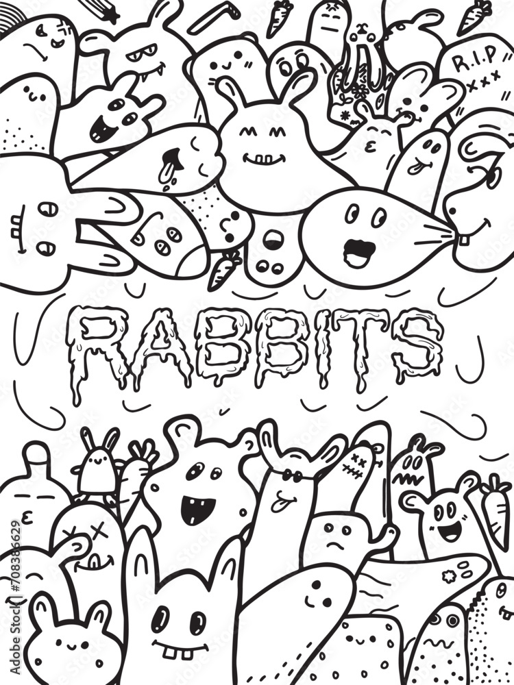 doodle rabbits sketch coloring book illustration