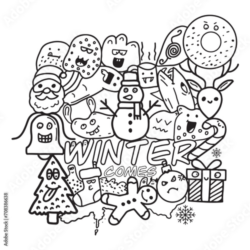 doodle hand drawn coloring book illustration set of characters