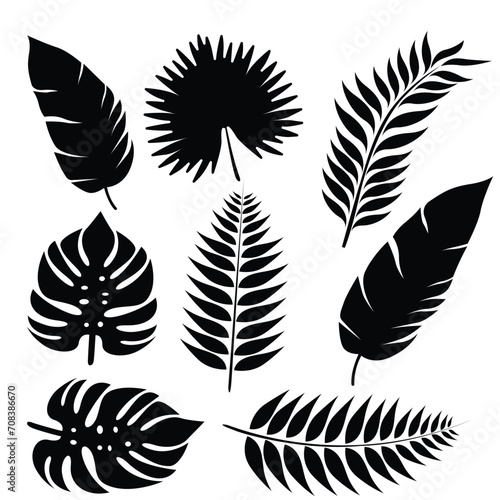 Silhouette Tropical leaves, branches set isolated on white background.
