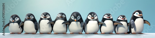 Penguins waddling in a cute and comical row, their synchronized steps enhancing their adorable charm