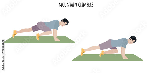 Asian young man doing mountain climbers exercise