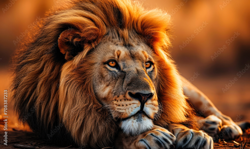 Naklejka premium Intense gaze of a majestic lion resting on the savannah, his mane framing a face full of power and nobility against the warm earth tones of his natural habitat