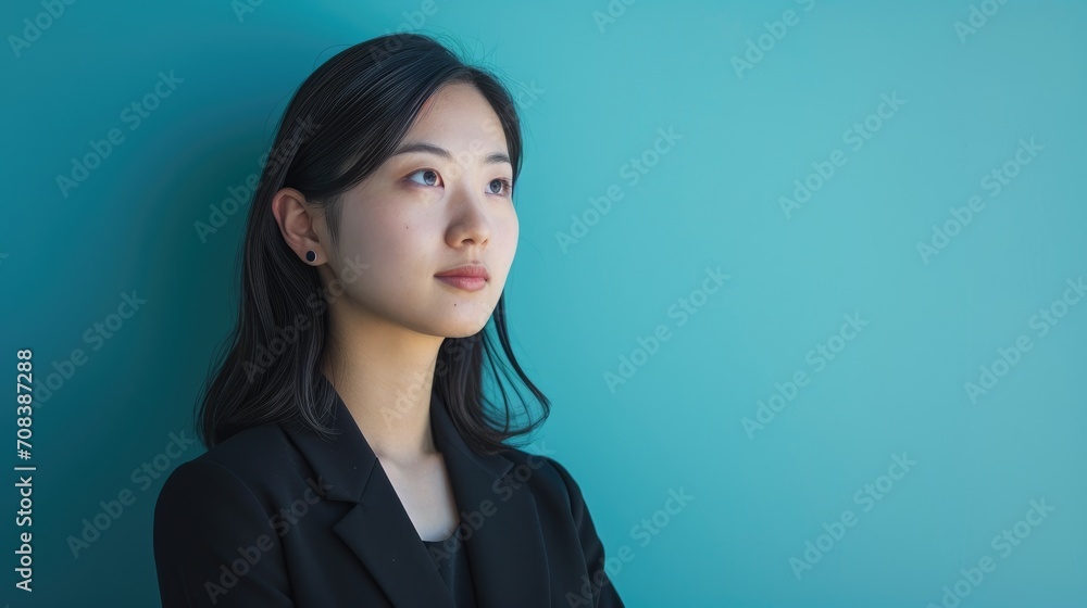 Portrait of a Visionary Female Software Developer in Black Blazer on Teal Background Portrait of a Visionary Female Software Developer in Black Blazer on Teal Background