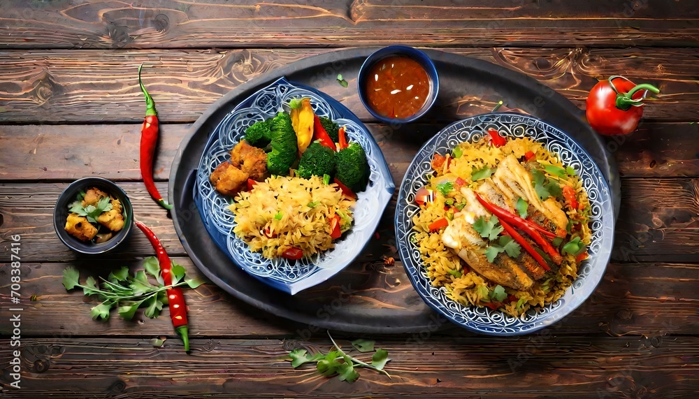 Fried rice with chicken and vegetables in a plate on a wooden background