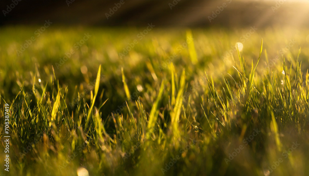 Macro photo of green grass field with sunlight creating dynamic shadows