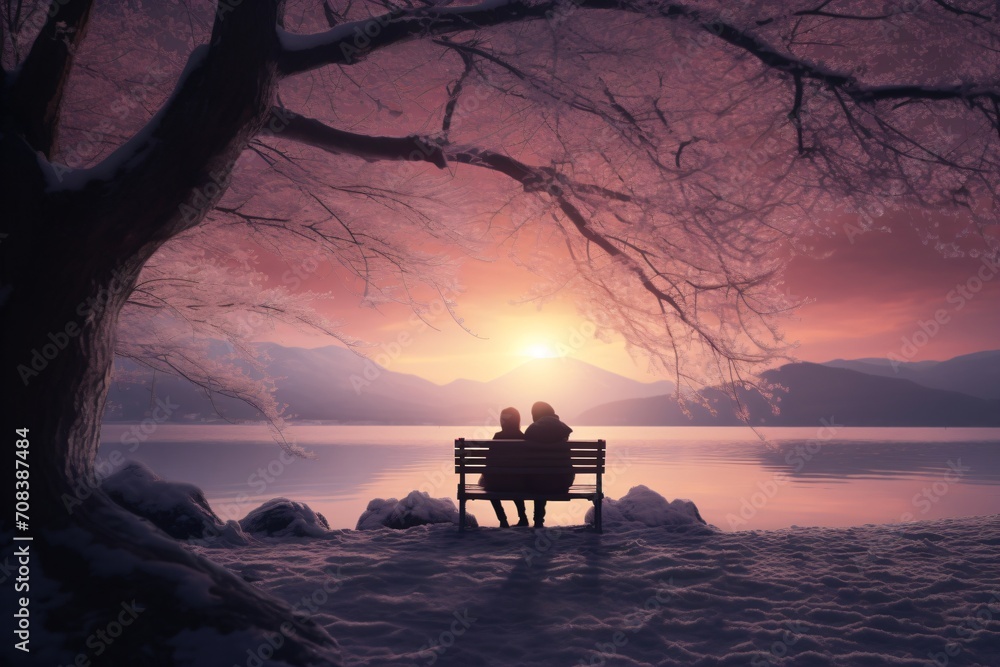 A couple sitting outdoors on a bench and watching sunset - obrazy, fototapety, plakaty 