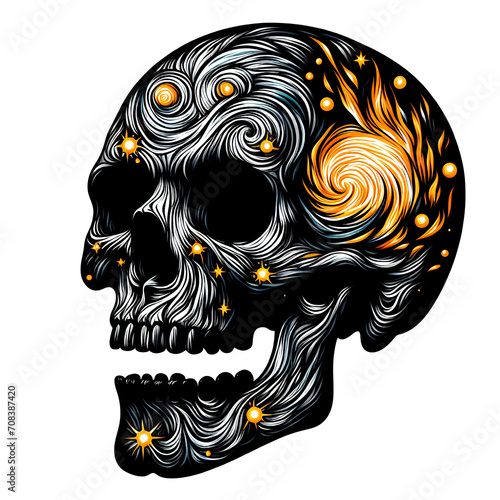 Starry skull with fire illustration, design element for tattoo, t shirt, logo, poster, card, banner, emblem