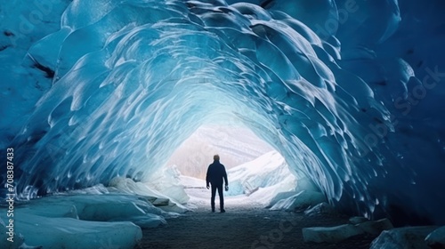 Young woman standing in the Oktyabrskaya cave of the Bogdanovich glacier in Kazakhstan. rear view of a man standing in a glacier cave. photo