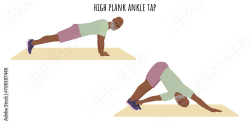 Senior man doing high plank ankle tap exercise