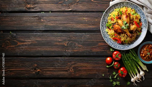 Biryani rice with chicken and vegetables on wooden table, top view