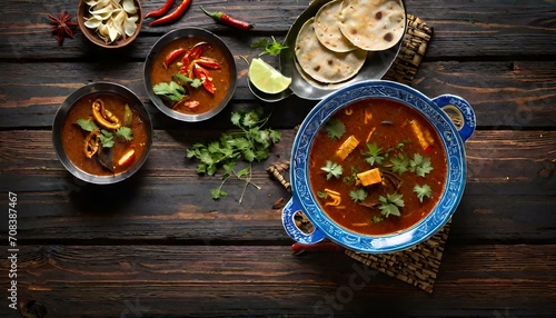 Thai spicy soup with vegetables and spices on rustic wooden background