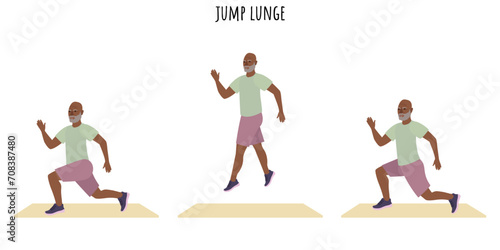 Senior man doing jump lunge exercise