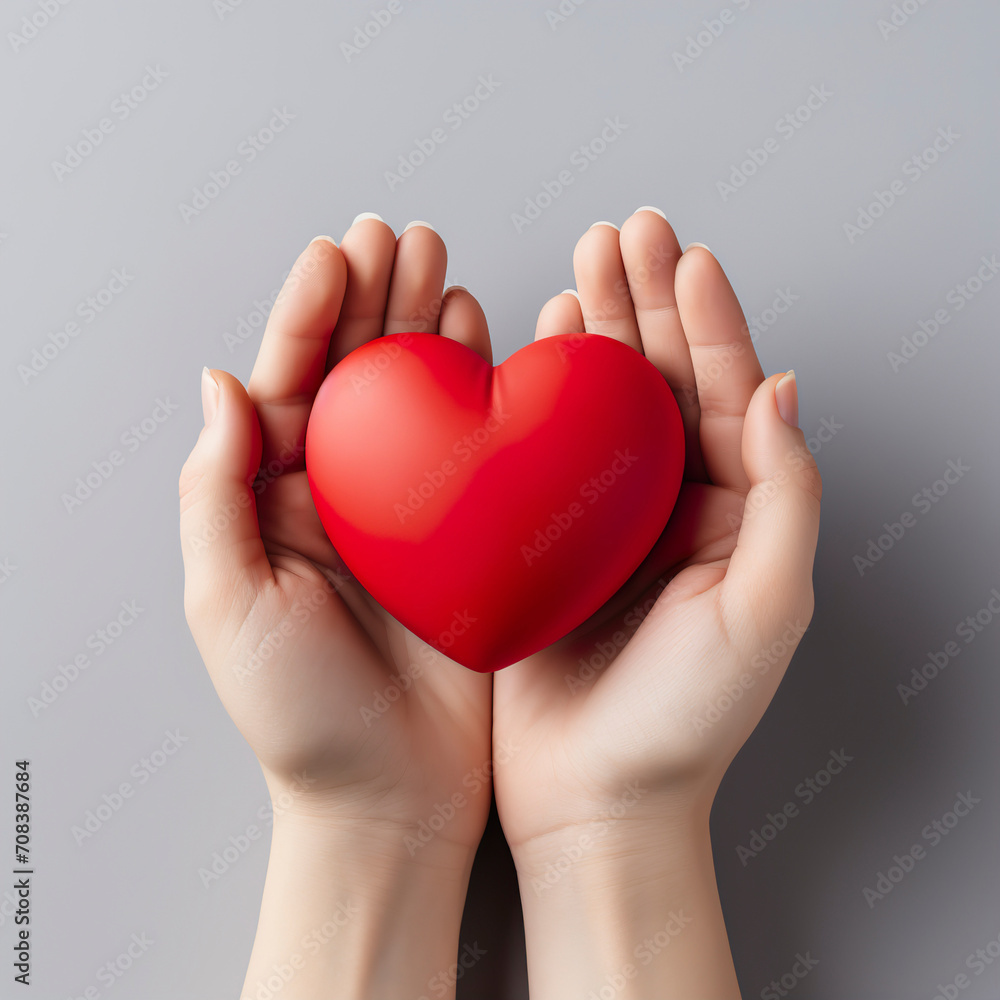 Obraz premium hands hold a red heart on a white background