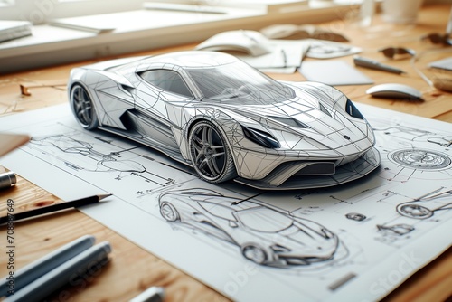 3d pencil drawing of a concept supercar on a design on a desk photo