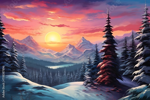 sun rise over winter mountains and palm trees © ArtistUsman