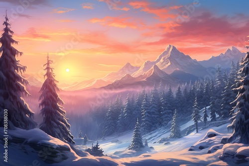 sun rise over winter mountains and palm trees