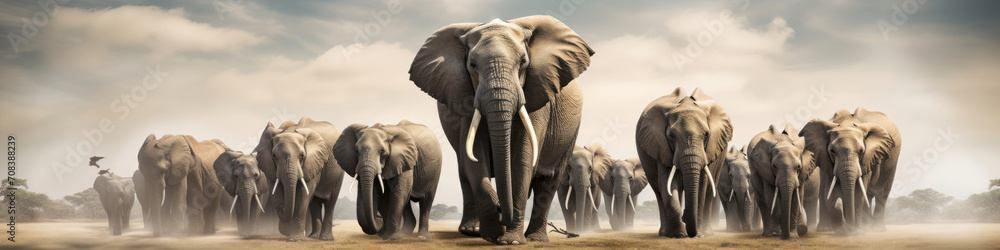 majestic lineup of elephants parading in unison,  their sheer size creating an awe-inspiring spectacle