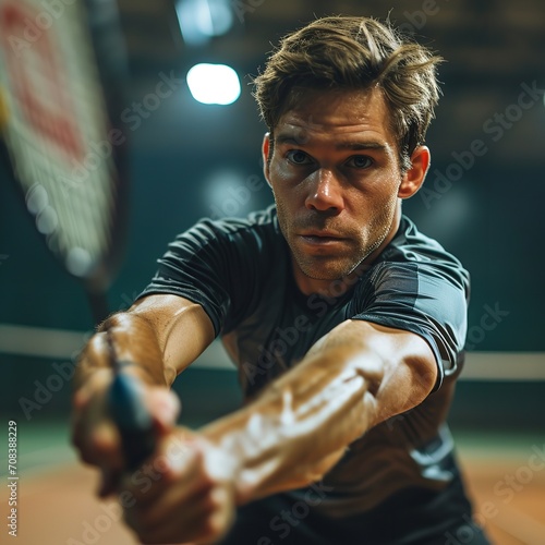 A serious-looking badminton player laughing in a court, Generative AI.