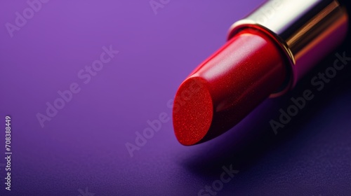 Closeup Red lipstick on a purple background in beauty industry photography style. 