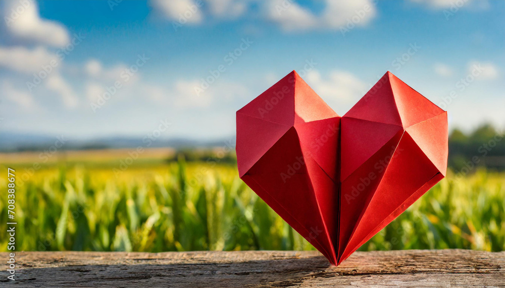 Red polygonal paper heart, origami style, origami countryside background