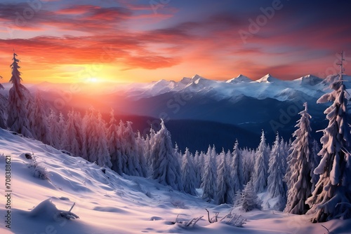 sun rise over winter mountains and palm trees © ArtistUsman