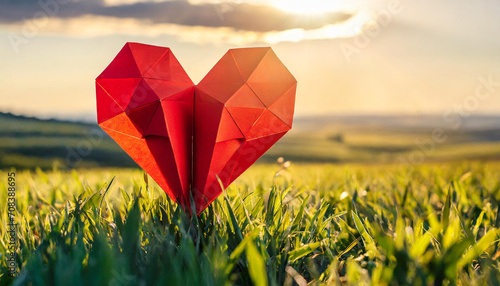 Red polygonal paper heart  origami style  origami countryside background