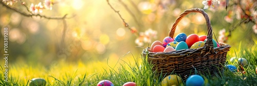 Easter Painted Eggs In Basket On Grass In Sunny Orchard Easter Painted Eggs In Basket On Grass © PinkiePie