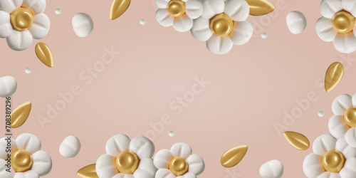 3D white flowers with gold leaves on peach color background. Spring and summer floral banner with copy space for text. Romantic three dimensional vector design.